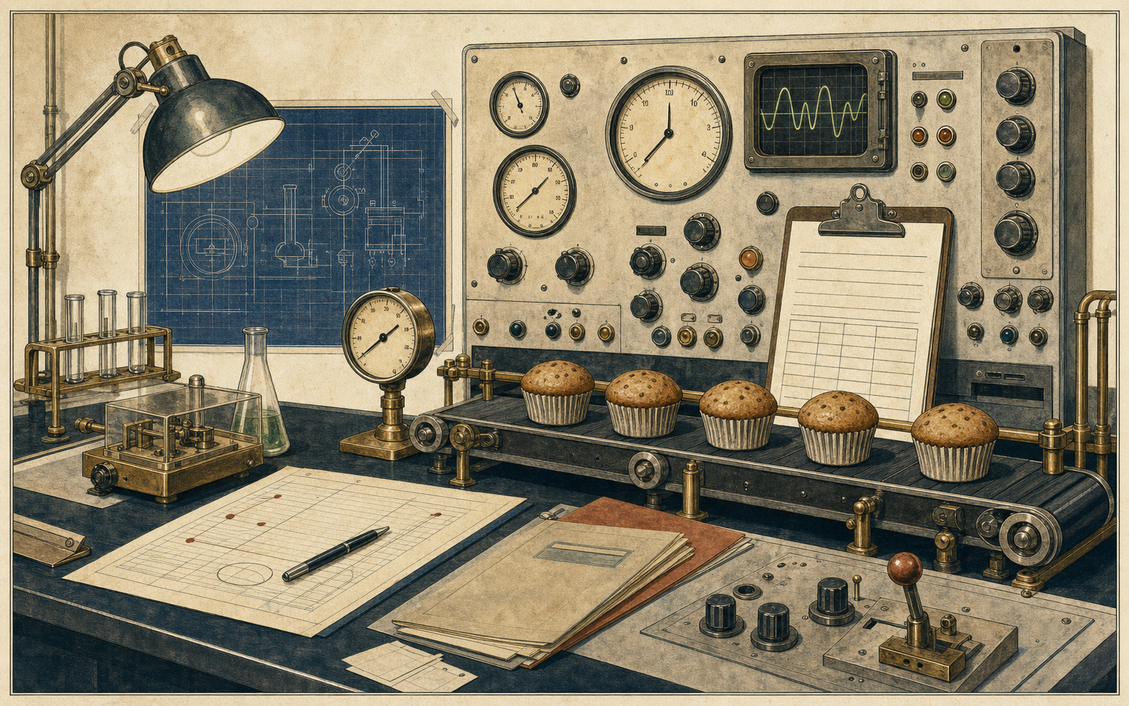 1950s laboratory inspection bench with analog instruments and standardized muffins
